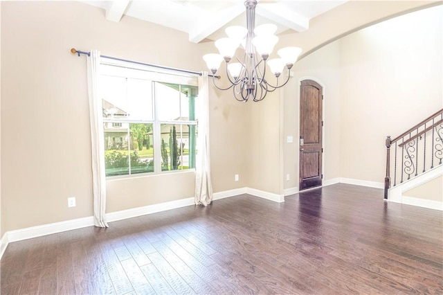 167 Vinci Way, Auburn, AL 36830 - unfurnished room featuring a chandelier, arched walkways, dark wood-style floors, beamed ceiling, and stairway