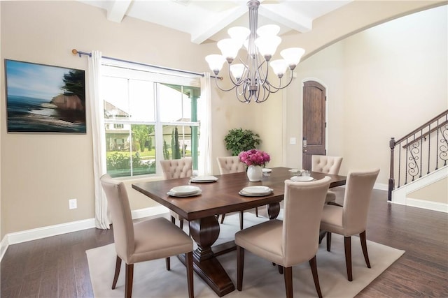 dining area with a chandelier, wood finished floors, beam ceiling, baseboards, and stairway