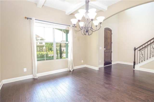 unfurnished dining area with a chandelier, arched walkways, dark wood-type flooring, beamed ceiling, and stairway