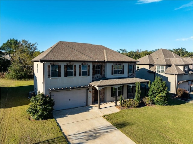 traditional-style house featuring concrete driveway, covered porch, an attached garage, a front yard, and stucco siding