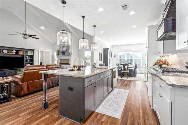 kitchen with visible vents, a ceiling fan, hardwood / wood-style floors, a fireplace, and decorative backsplash