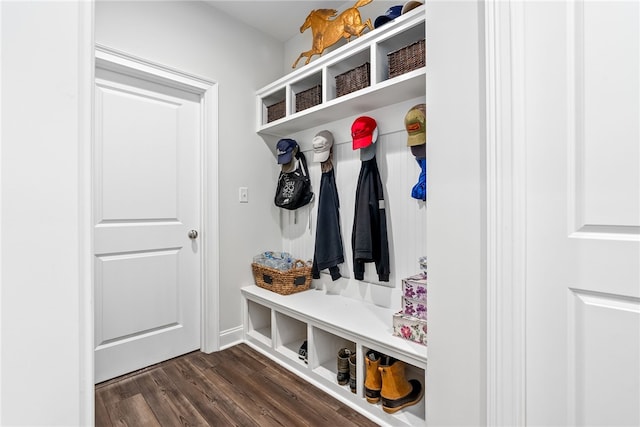 mudroom with dark wood finished floors