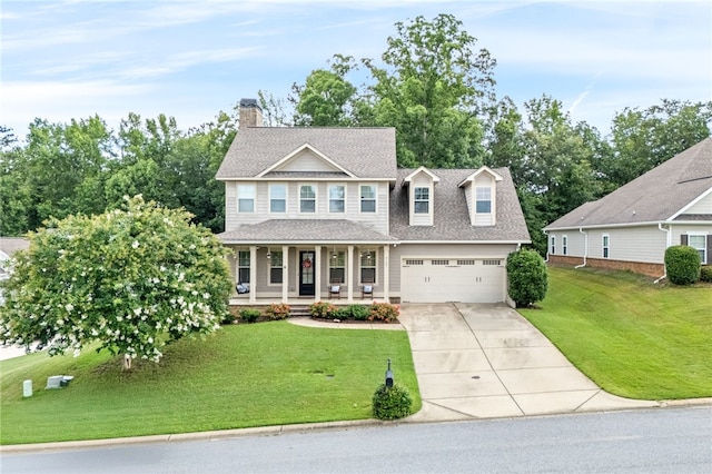 4164 Creekview Ct, Auburn, AL 36832 - view of front facade with a porch, driveway, a front yard, roof with shingles, and a chimney