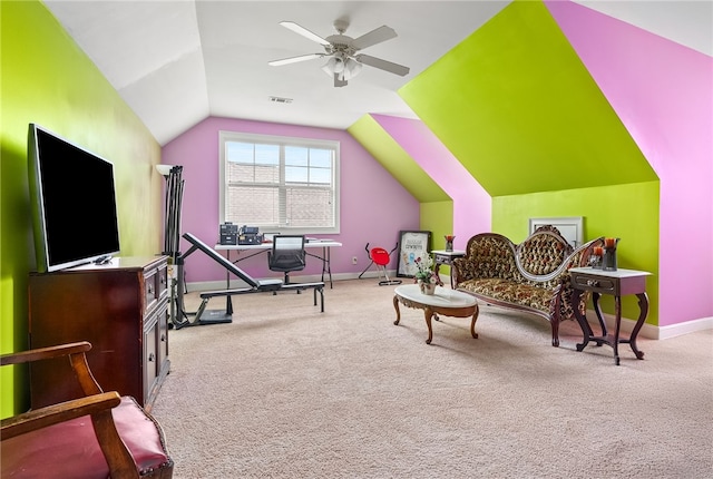 4164 Creekview Ct, Auburn, AL 36832 - sitting room featuring vaulted ceiling, carpet, and ceiling fan