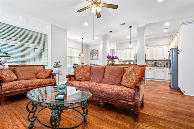 4164 Creekview Ct, Auburn, AL 36832 - living room with crown molding, ceiling fan, light wood-style floors, and recessed lighting