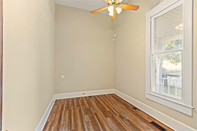 unfurnished room featuring ceiling fan, plenty of natural light, and hardwood / wood-style floors