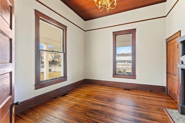 unfurnished room featuring an inviting chandelier, wood ceiling, dark hardwood / wood-style flooring, and ornamental molding