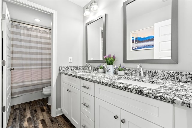 full bath featuring toilet, double vanity, a sink, and wood finished floors