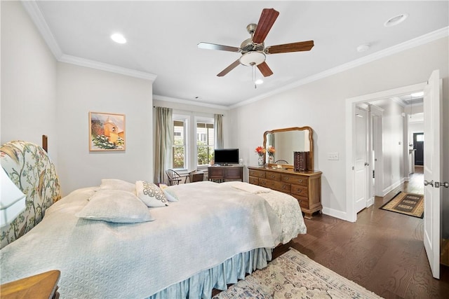 3412 Double Eagle Ln, Opelika, AL 36801 - bedroom featuring dark wood-style flooring, crown molding, baseboards, recessed lighting, and a ceiling fan