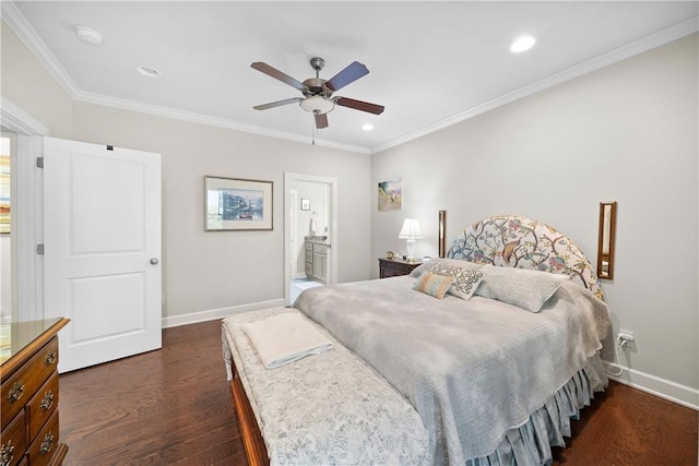 3412 Double Eagle Ln, Opelika, AL 36801 - bedroom featuring dark wood-style floors, baseboards, crown molding, recessed lighting, and ceiling fan