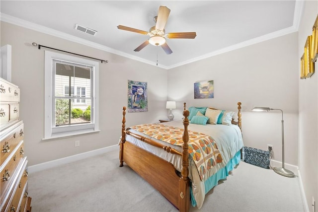 3412 Double Eagle Ln, Opelika, AL 36801 - bedroom with light carpet, baseboards, crown molding, and ceiling fan