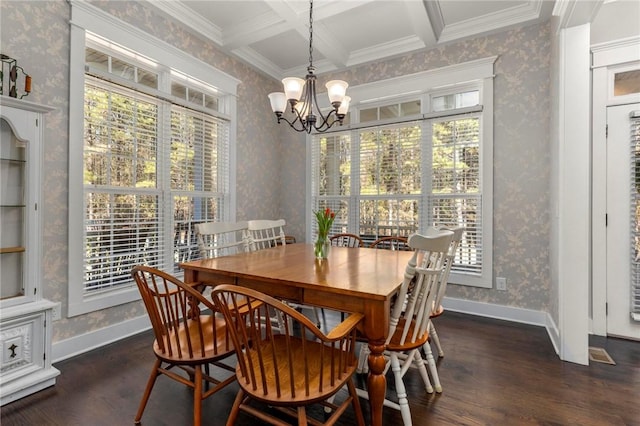 dining area with coffered ceiling, dark hardwood / wood-style floors, a chandelier, crown molding, and beamed ceiling