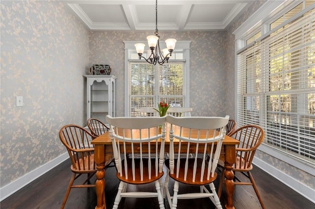 dining room featuring beam ceiling, dark hardwood / wood-style floors, crown molding, and a notable chandelier