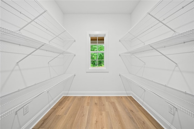 walk in closet with light hardwood / wood-style floors