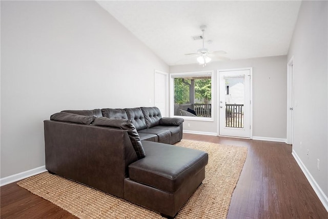 1385 S Donahue Dr Unit 4201, Auburn, AL 36832 - living area with a ceiling fan, dark wood finished floors, and vaulted ceiling