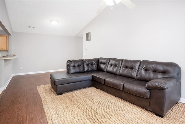 1385 S Donahue Dr Unit 4201, Auburn, AL 36832 - living room featuring vaulted ceiling, wood finished floors, and a ceiling fan