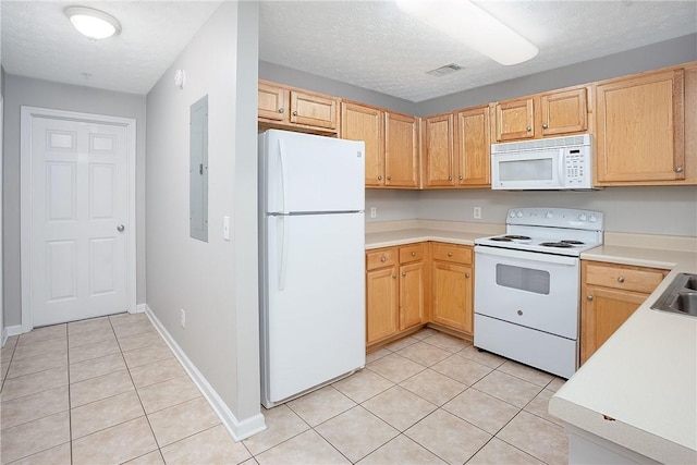 1385 S Donahue Dr Unit 4201, Auburn, AL 36832 - kitchen featuring white appliances, light tile patterned flooring, electric panel, light countertops, and a textured ceiling