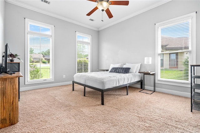 2674 Canal Ct, Auburn, AL 36830 - carpeted bedroom featuring baseboards, ceiling fan, visible vents, and crown molding