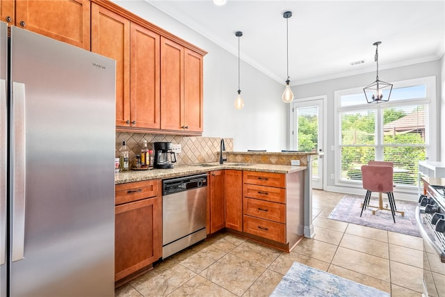 2674 Canal Ct, Auburn, AL 36830 - kitchen with light tile patterned floors, a sink, crown molding, backsplash, and stainless steel appliances