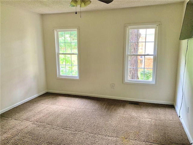 spare room featuring carpet, ceiling fan, and a textured ceiling