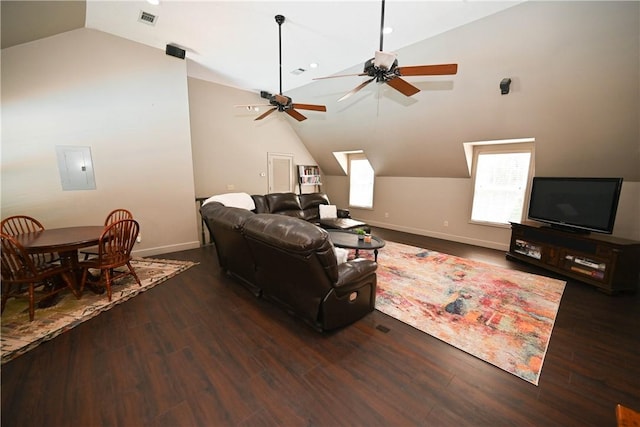 living room with dark wood-type flooring, ceiling fan, lofted ceiling, and sink