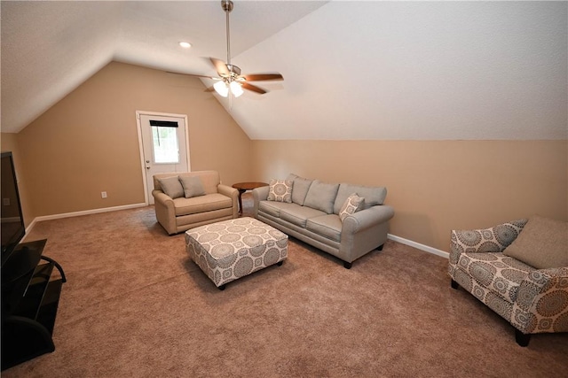 1900 Wrights Mill Rd, Auburn, AL 36830 - living room featuring carpet, vaulted ceiling, and ceiling fan