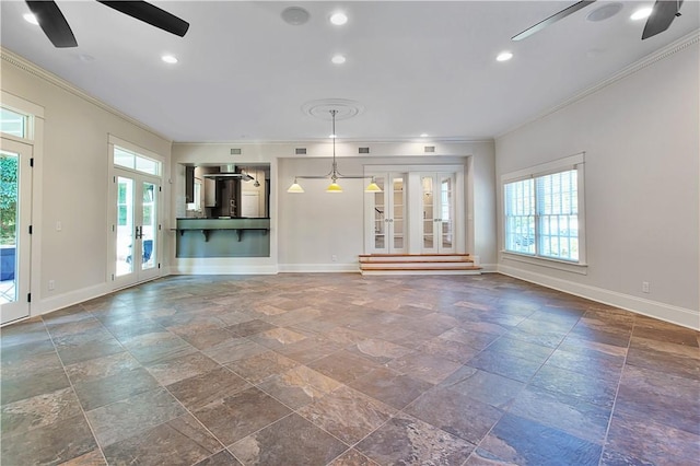 unfurnished living room featuring french doors, ceiling fan, and ornamental molding