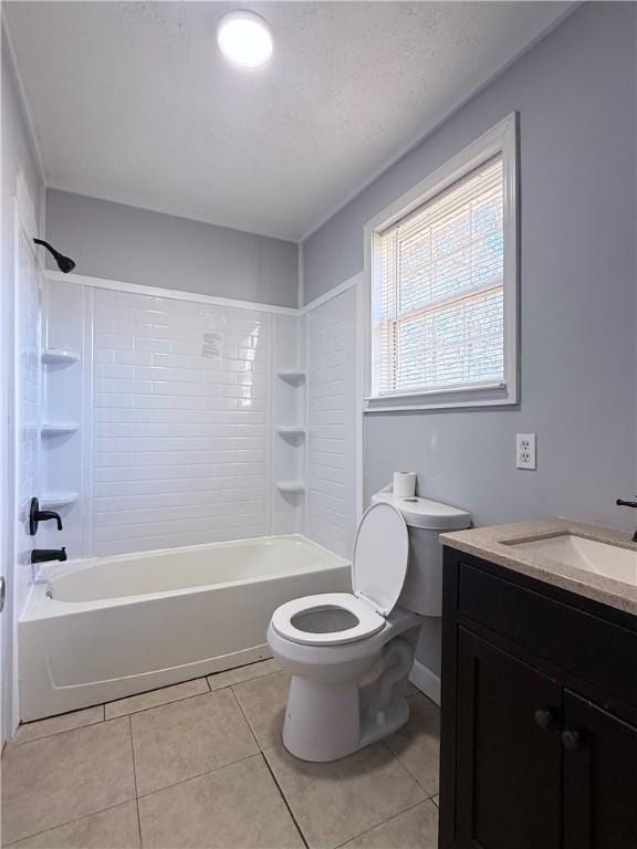 full bathroom with shower / bathtub combination, toilet, tile patterned flooring, and vanity