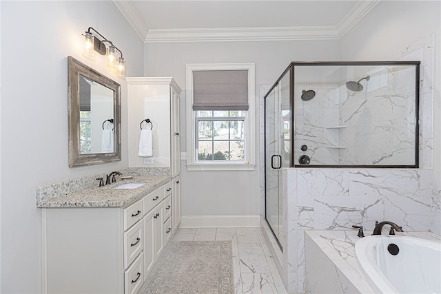 full bath featuring vanity, marble finish floor, a marble finish shower, a bath, and crown molding