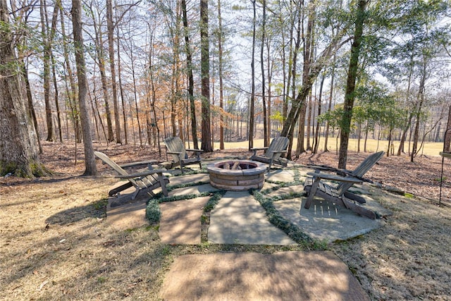 view of yard featuring a fire pit and a patio area