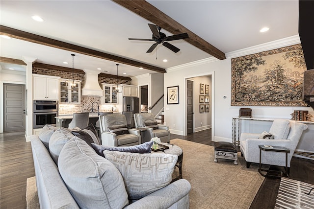 living room with crown molding, recessed lighting, dark wood-type flooring, beamed ceiling, and baseboards