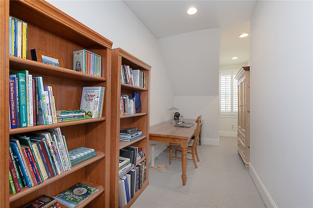 carpeted office featuring lofted ceiling, recessed lighting, and baseboards