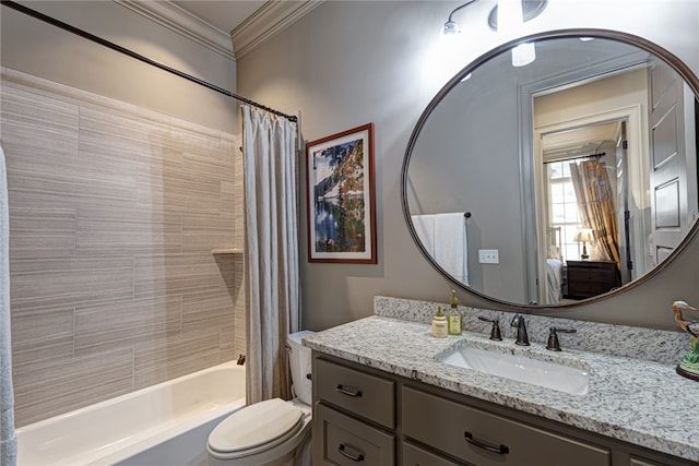 full bath featuring vanity, ornamental molding, shower / bath combination with curtain, and toilet