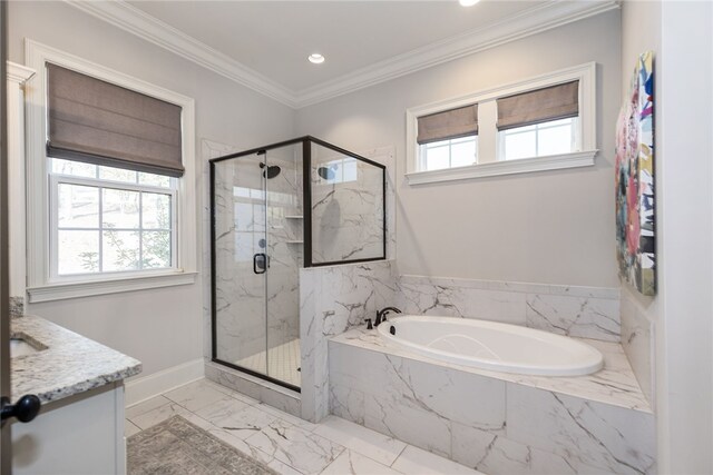 bathroom with a bath, a wealth of natural light, a marble finish shower, and crown molding