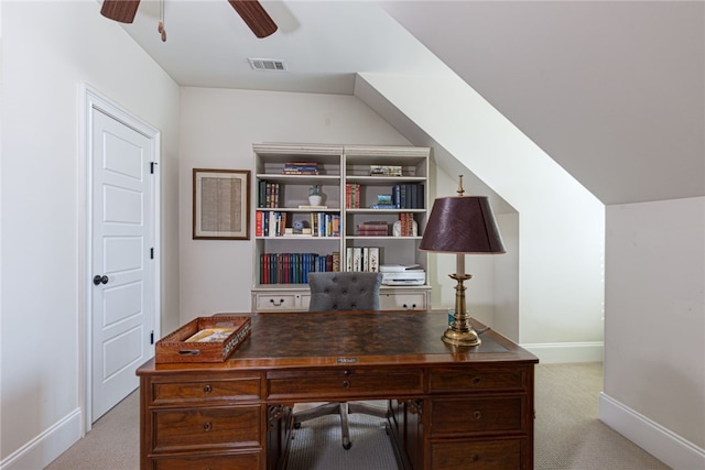 home office with baseboards, carpet, visible vents, and a ceiling fan