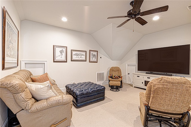 living area featuring lofted ceiling, carpet floors, visible vents, and recessed lighting