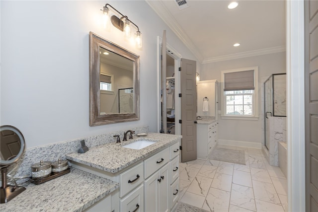 bathroom featuring a stall shower, visible vents, marble finish floor, crown molding, and a sink