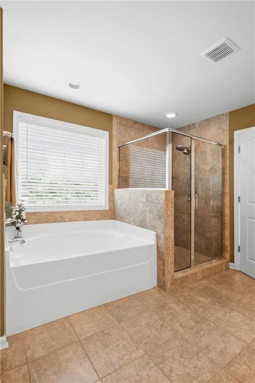 818 W Richland Cir, Auburn, AL 36832 - full bathroom with a garden tub, a stall shower, tile patterned flooring, and recessed lighting