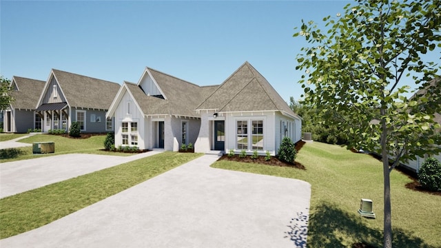 view of front of house featuring roof with shingles, board and batten siding, and a front lawn