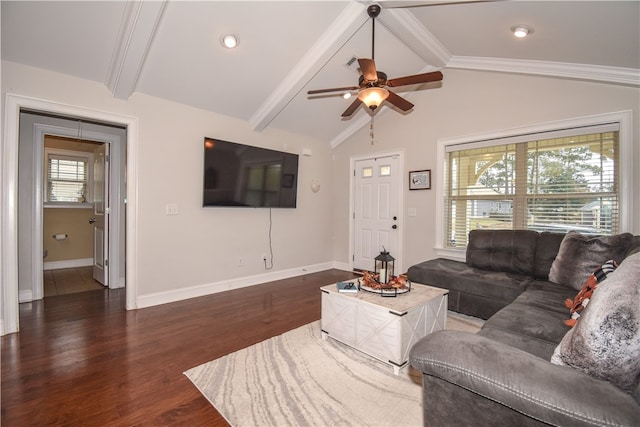 living room featuring ceiling fan, dark hardwood / wood-style floors, and lofted ceiling with beams