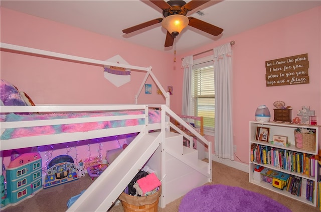 carpeted bedroom with ceiling fan