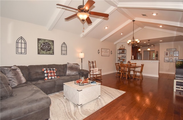 living room featuring ceiling fan with notable chandelier, lofted ceiling with beams, and dark hardwood / wood-style floors