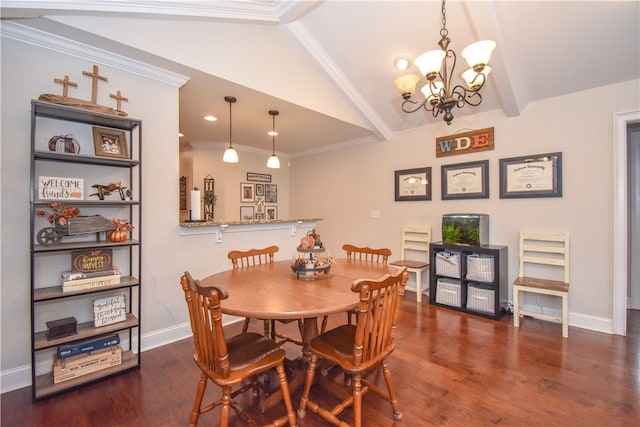 dining room featuring ornamental molding, vaulted ceiling with beams, a chandelier, and dark hardwood / wood-style flooring