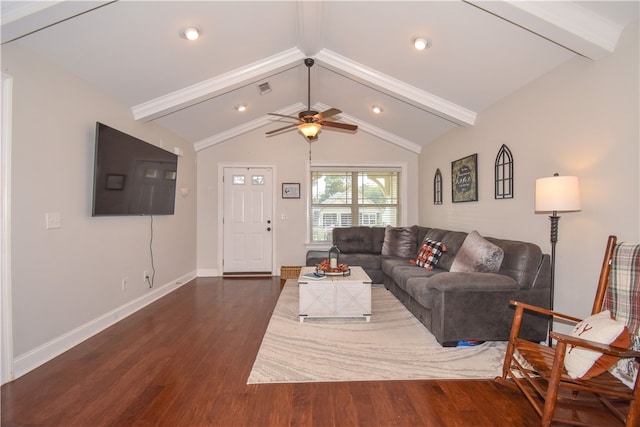 living room with lofted ceiling with beams, dark hardwood / wood-style floors, and ceiling fan