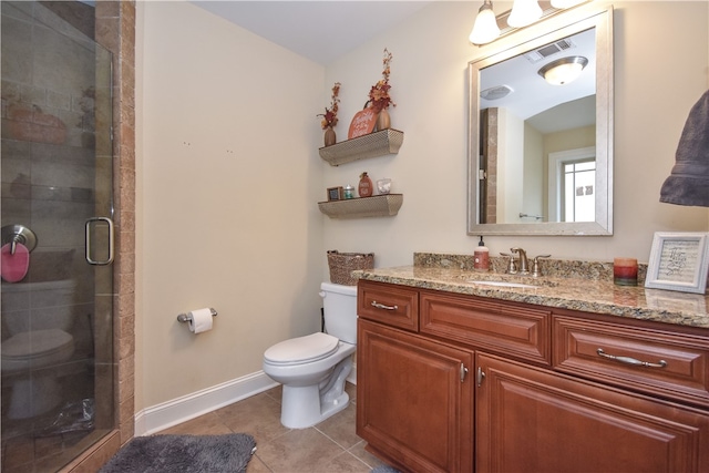 bathroom with tile patterned flooring, vanity, a shower with door, and toilet