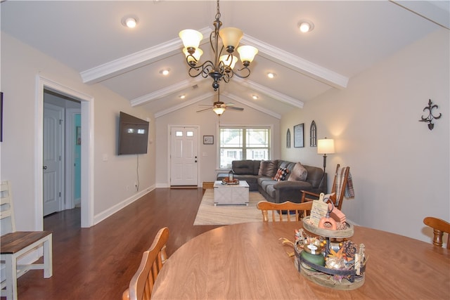 dining area with dark hardwood / wood-style floors, ceiling fan with notable chandelier, and vaulted ceiling with beams