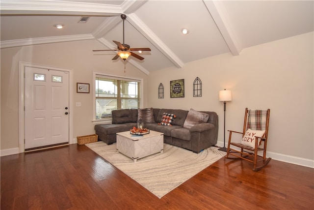 living room with ceiling fan, dark hardwood / wood-style flooring, and lofted ceiling with beams