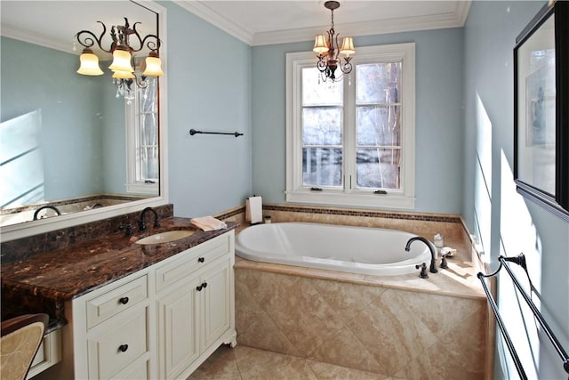 bathroom with vanity, crown molding, a relaxing tiled tub, an inviting chandelier, and tile patterned flooring