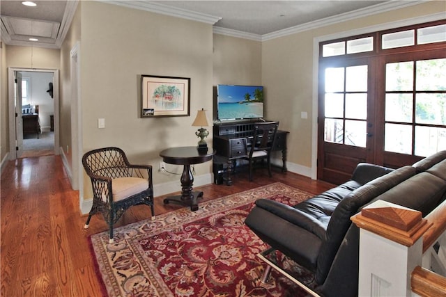 living room featuring french doors, wood-type flooring, and ornamental molding