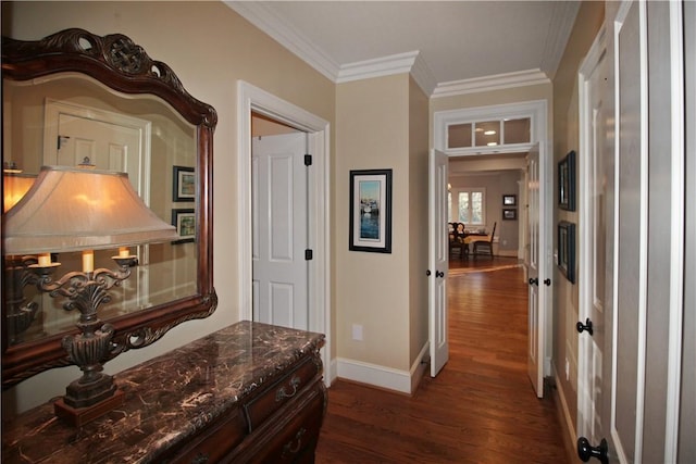 corridor featuring dark hardwood / wood-style flooring and crown molding